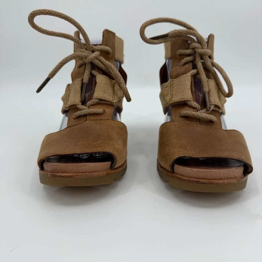 Sorel Joanie Lace Tan Leather Canvas Wedge Sandals NL2441-286 Womens 10